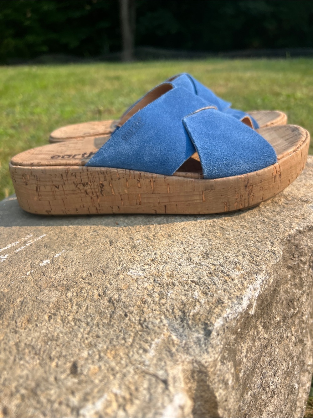 New! Earth Blue Suede Crossband Cork Slide Mules